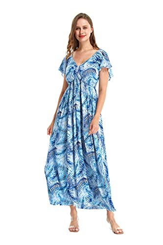 Matchable Couple Hawaiian Luau Shirt or Rahee Maxi Dress in Simply Blue Leaf2