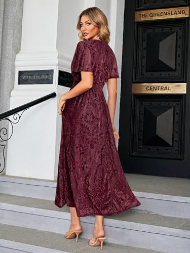 Image of Simplee Women's V Neck Velvet Maxi Dress Short Sleeve Empire Waist Long Formal Dress for Wedding Guest