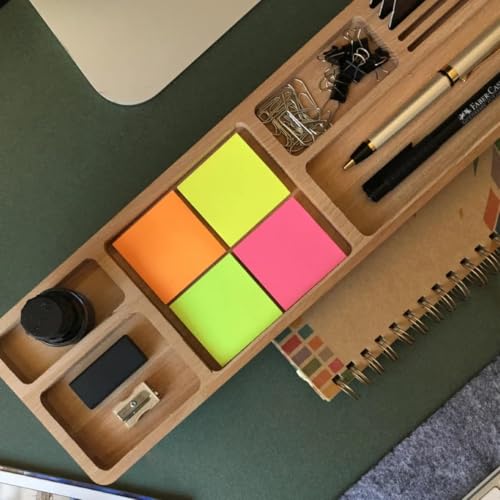 Image of Wooden Desk Organizer with Phone Stand, Multi-Compartment Stationery Holder, Natural Wood Finish (STYLE-3)