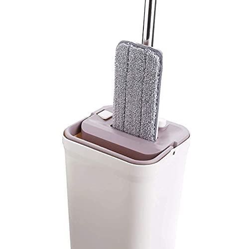 Image of Heavy Quality Floor Mop with Bucket, Flexible Kitchen Tap Flat Squeeze Cleaning Supplies, 360 Flexible Mop Quiet, 2 Reusable Pads, Microfiber, Adjustment Office Home, Room (White)