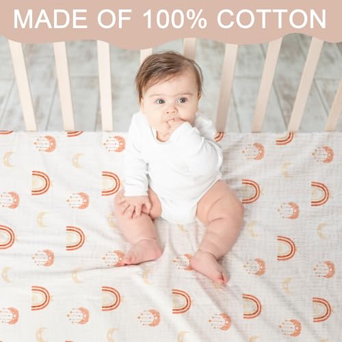Image of Mindsoft 4 Pack 52''x28'' Boho Muslin Crib Sheets Neutral Soft and Breathable Cotton Baby Sheets for Girl Boy Standard Fitted Crib Mattress(Rainbow & Sun)