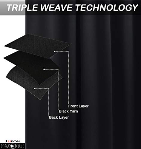 Image of JUPON Energy Saving Blackout Silk Curtains for Bedroom with 3 Layers Weaving Technology, (W 54 inch X 108 inch L - Black)