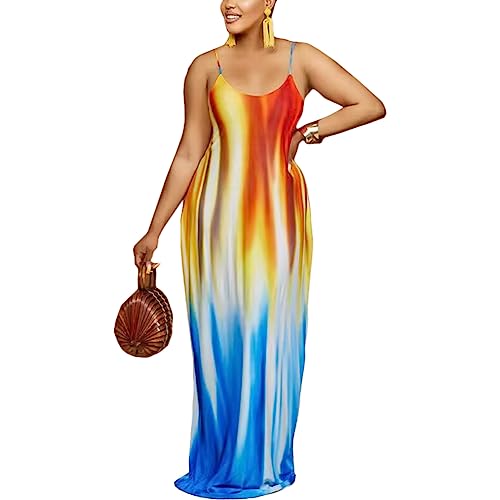Image of BFFBABY Womens Summer Suspender Maxi Dress Plus Size Striped Printed Sleeveless with Pockets and Belt