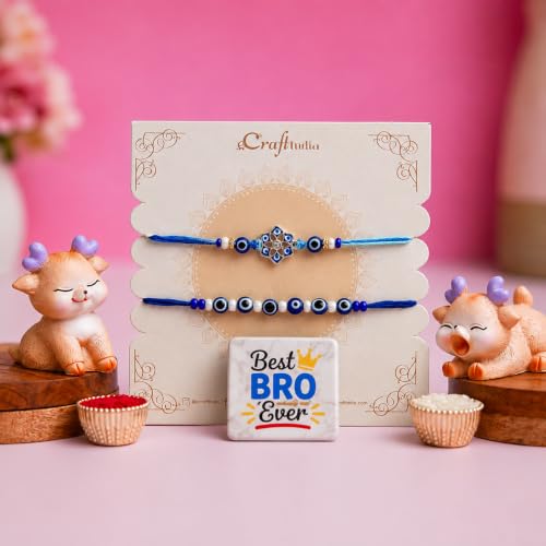 Image of eCraftIndia Designer Blue Evil Eye Rakhi Set with Best Bro Ever Fridge Magnet & Cute Deer Showpiece | Handmade Raksha Bandhan Gift Combo for Brother