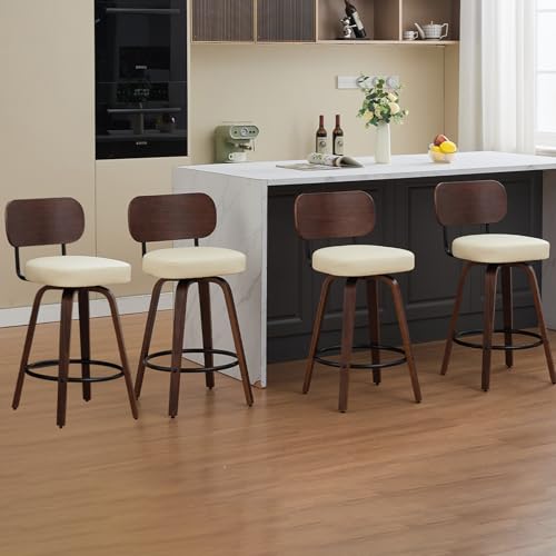 Image of Shenyon Counter Stools Set of 4, 26 inch Swivel Counter Height Bar Stools with Walnut Back,Upholstered PU Leather, Bentwood Legs, Mid Century Modern Bar Chairs for Kitchen Island, Beige
