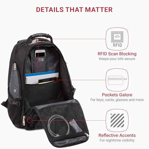 SwissGear 1900 ScanSmart 17” Laptop Backpack Grey/Black – Reflective Tech Backpack with ScanSmart Compartment – Multiple Organizer Pockets & RFID Scan Blocking Technology3