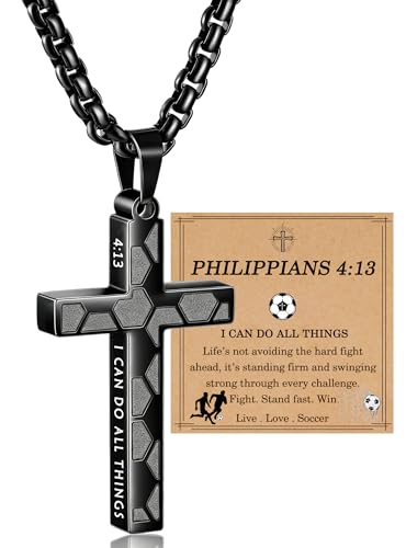 HEYOLL Soccer Cross Necklaces for Men Stainless Steel Black Cross Chain Pendant Necklace Soccer Gifts Bible Accessories Stuff First Communion Confirmation Gifts