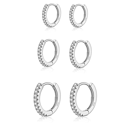 3 Paar Silber Creolen für Damen 925 Sterling Silber Creolen Set Hypoallergen Cubic Zirkonia Kleine Silber Huggie Creolen (Silber Set) Cover