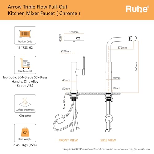Image of Ruhe Arrow Kitchen Sink Mixer Pull-Out Sprayer Faucet Single Lever Tap with Triple Flow | 360 Swivel | Hot & Cold Water | Table Mounted Kitchen Sink Tap