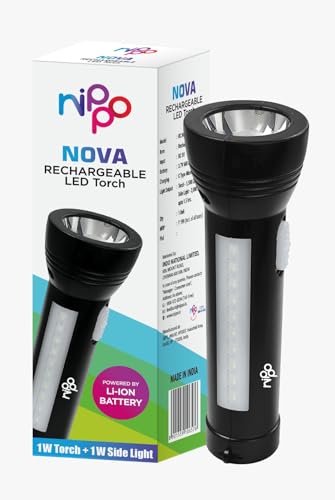 Nippo Nova Rechargeable LED Torch With Side Light | Lithium Ion Battery With 2hrs Back |C Type Micro USB| Black For Rs. 139 @ 30 %