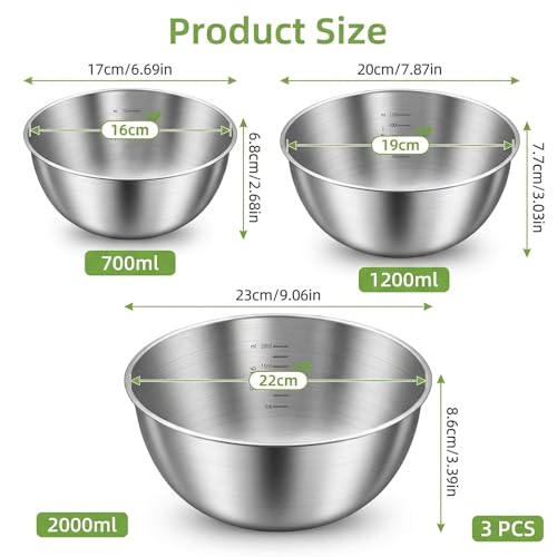 3Pcs Stainless Steel Mixing Bowls Set (0.7Litre,1.2Litre,2Litre), Easy-Grip,Stackable, Stainless Steel Mixing Bowls for Baking, Cooking, Salad & Food Prep - Image 3