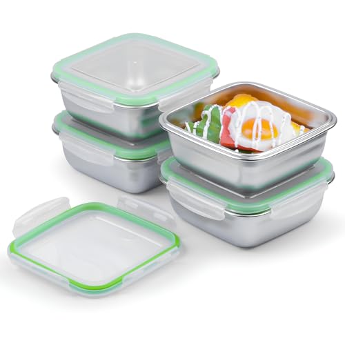 Image of 4 Pack Sandwich Containers, 24oz Stainless Steel Sandwich Box with Airtight Lids, BPA-Free, Dishwasher Safe, Durable & Reusable Metal Meal Prep Lunch Boxes for Fruits, Snacks, Bento (Green)