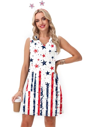 Image of Deerose Womens July 4th Sleeveless Dress American Flag Swim Cover Up Dress with Pockets