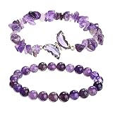 PATIKIL 女性用クリスタルブレスレット、アメジストビーズブレスレット2点、天然石バタフライチャームストレッチ、カップル友情ギフト、パープル。