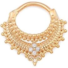 Painful Pleasures PVD Gold Coated Brass-Cast Septum Jewelry with 16g Steel Pin Clicker Ring with Layered Beading and Crystal Design