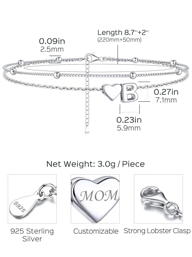 Image of ChicSilver Sterling Silver Anklets for Women Hypoallergenic Womens Ankle Bracelets for Women Layered Heart Anklet With Initials Womens Anklets Jewelry for Mom Wife