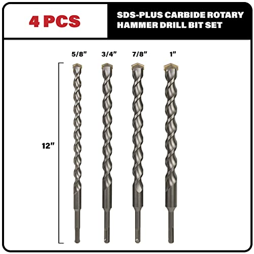 Sabre Tools 4-Piece 12 Inch Sds Plus Drill Bit Set, Carbide Tipped, Rotary Hammer Drill Bits For Brick, Stone, Concrete (5/8In X 12In, 3/4In X 12In, 7/8In X 12In, 1In X 12In) #TOP1