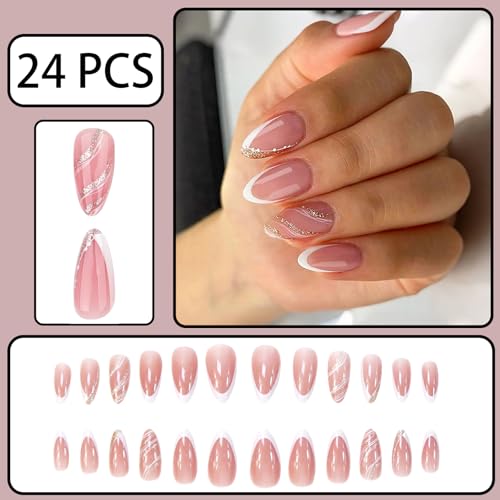 White French Tips Medium Almond Press On Nails | Glamorous Manicure