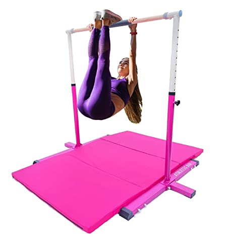 XDance Expandable Gymnastics Bar Kip Bar with 6'x4' Tumble Gymnastics Mat Set for Kids, Adjustable Height 3 to 5 FT Horizontal Bar Professional Junior Gymnast Gymnastic Bar Asymmetric Bar Pink