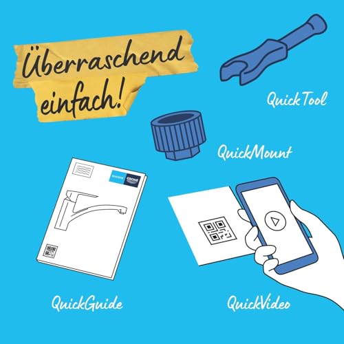 GROHE Start, Küchenarmatur mit flachem Auslauf (Wasserhahn für die Küche, 140° schwenkbar, wassersparend dank variabler Mengenbegrenzung, werkzeugfreie Spülbecken-Montage), schwarz, 324412432