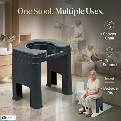 Image of Veayva FlexEase Commode Stool - Wide Seat, Non-Rust Plastic, Knock-Down Design | Shower-Friendly Toilet Stool for Elderly, Disabled, Adults | Lightweight & Hygienic (Onyx Noir Black)