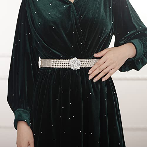 Wiwpar Boho Elastic Pearl Belt Crystal Pearl Flower Waist Chain Sashes Belt Adjustable Waist Belt Wedding Bridal Dress Belt for Women2