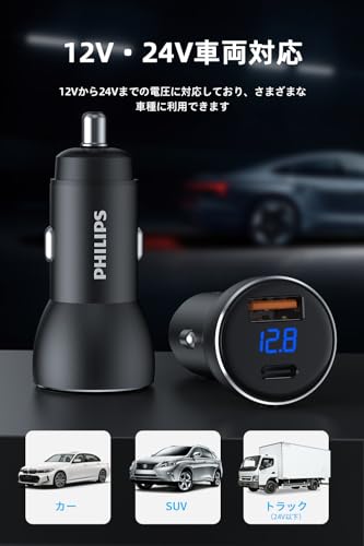 Philips (フィリップス) カーチャージャー PD30W&QC30W急速充電 USB-A＆USB-Cポート シガーソケット 電圧測定 超コンパクト設計 車載用充電器 12V/24V車両対応 シガーソケットスプリッタ DLP3526N の商品画像 7