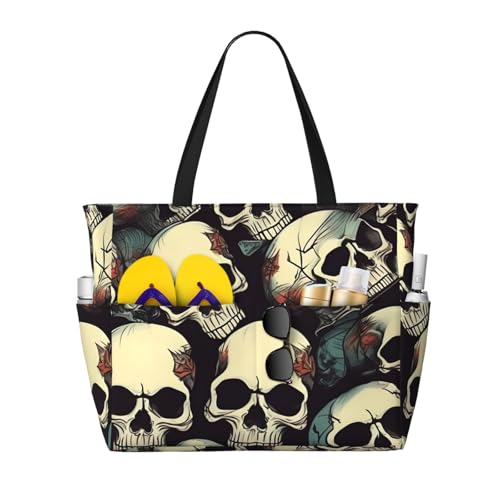 Skull Skeleton Print Beach Tote Bag Waterproof Large Bags With Zipper Big Capacity For Vacation Travel