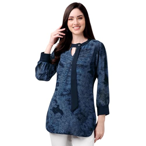 Image of Gufrina Women's Georgette Apple Cut Short Kurti with Long Puff Sleeves Western Style Keyhole Neck Solid Pattern Regular Fit and Mid Thigh Length