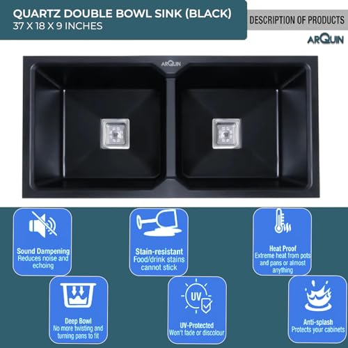 Image of ARQUIN Double Bowl Quartz Kitchen Sink 37x18x9 Inch Black | Durable & Scratch-Resistant Sink | Undermount,Topmount | Including Coupling,Sink Connector,Waste Pipe & Fruit Washing Basket