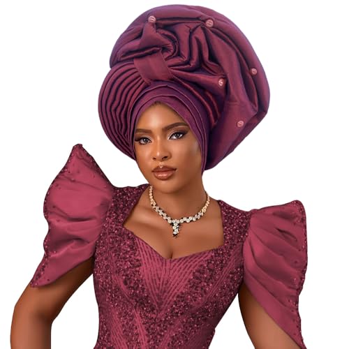 Female Turban Hat Traditional African Head Wraps Nigeria Womens Auto Gele Headtie Wedding Party Head Ties Church Headwear (wine red)