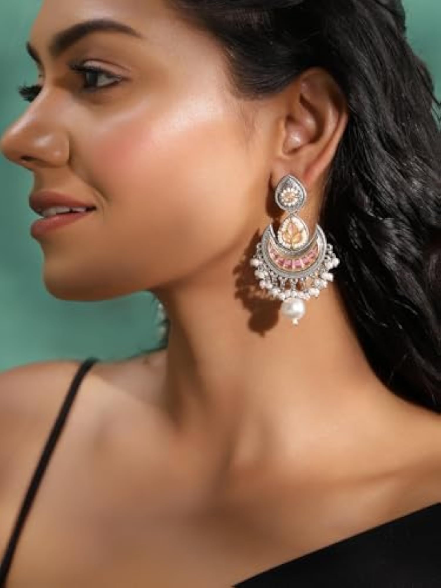 Women's Pink Colour Silver Plated Pearl Chandbali Earrings