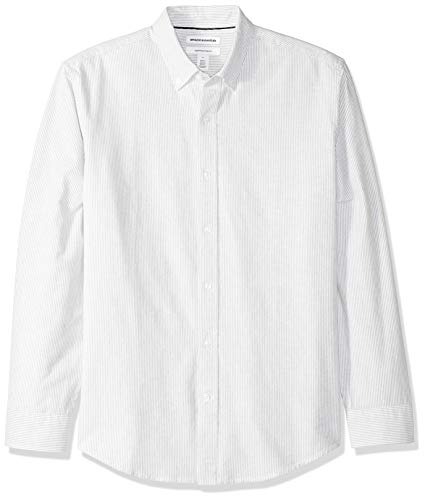 Amazon Essentials Men's Regular-Fit Long-Sleeve Stripe Oxford Shirt, Grey, Large