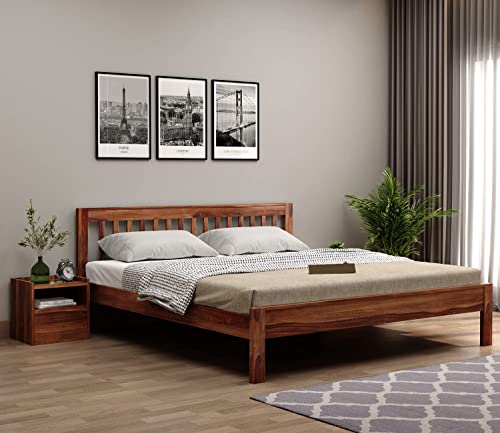 Image of Sheesham Wood Queen Size Bed Without Storage | Wooden Double Bed Cot Palang Furniture for Bedroom Living Room Home (Honey Finish)