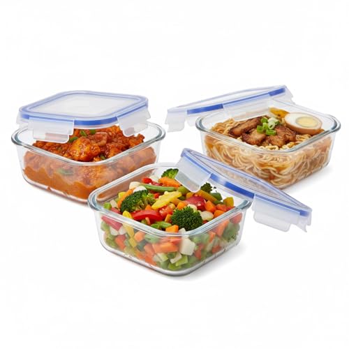 Image of Amazon Brand - Solimo Square Glass Food Storage Container, 360 ml - Set of 3, Airtight & Leakproof, Microwave & Freezer Safe, Transparent