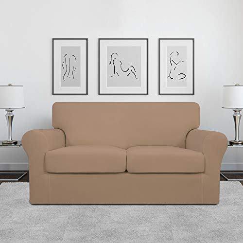 Image of Easy-Going 3 Pieces Stretch Soft Couch Cover for Dogs - Washable Sofa Slipcover for 2 Separate Cushion Couch - Elastic Furniture Protector for Pets, Kids (Loveseat, Camel, Medium)