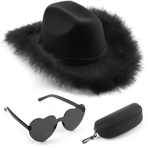 Image of DRESHOW Cowboy Hat for Women and Men Wide Brim Western Cowboy Cowgirl Hat with Belt Buckle Unisex Rolled up Caps