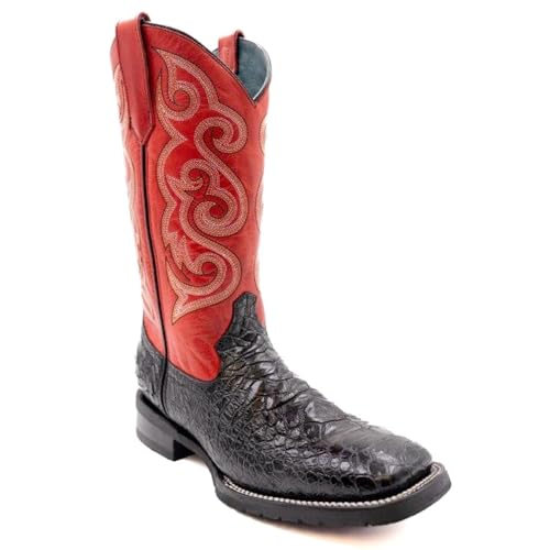 Mens Kai Embroidered Square Toe Casual Boots Mid Calf - Black, Red2