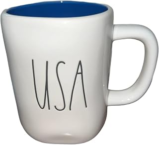 double-sided USA red, white and blue patriotic coffee/tea mug with etched vintage pull behind camper icon - blue interior