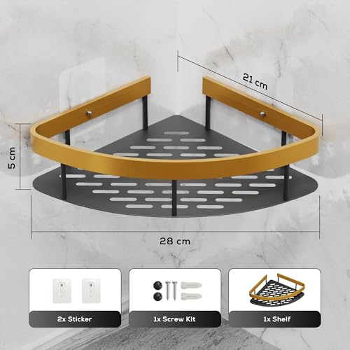 Image of MIORAH Self Adhesive Bathroom Corner Shelf, Rustproof Powder Coated Aluminium Organizer, No Drill Wall Mounted Storage Gold Pack of 1