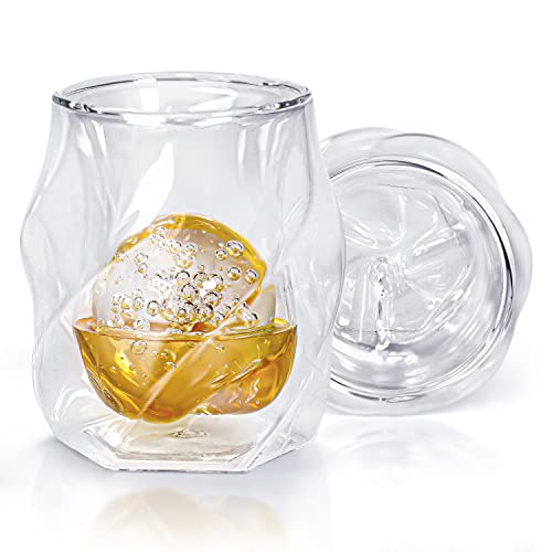 JAMES BENTLEY Glass JB Whiskey Glass – Elevate your Drinking Experience with our Whiskey Set of 2 Hand Blown, Double Wall Glass Tumbler (6oz) with 2X Ice Ball Mold - Whiskey Glasses for Men