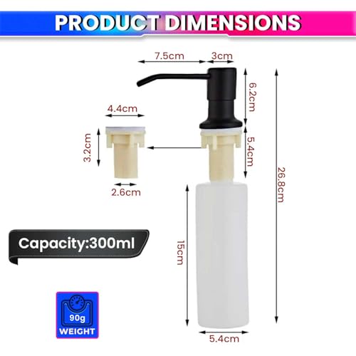 Image of amiciCare ABS Kitchen Sink Soap Dispenser Top Refill Built-In Countertop S.S Steel Dispenser Pump With 360 Degree Rotating Head And 300Ml Soap Bottle (Black Dispenser Pump With Bottle)