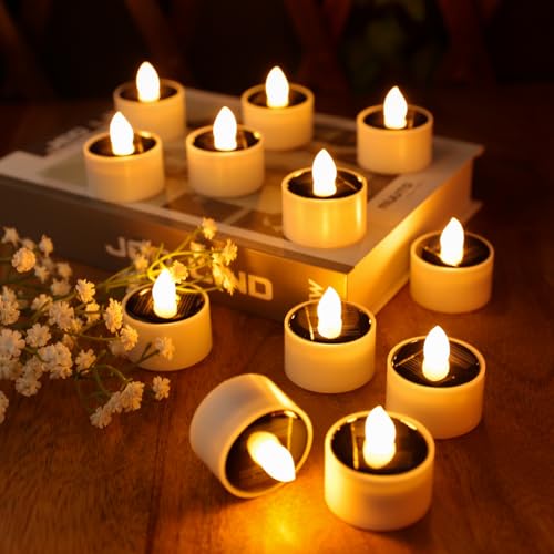 Image of 12Pack Solar Tea Lights Outdoor Waterproof, Small Solar Lights with Rechargeable Dusk to Dawn Sensor, Flameless Flickering LED Votive Candles for Lantern Window DIY Patio Chandelier Decor(Warm Amber)