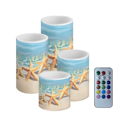 Image of Battery Operated Tea Lights Candles with Timer, Flickering Flameless LED Pillar Color Changing Candles with Remote for Beach Coastal Decor Beach Starfish Blue, Set of 4