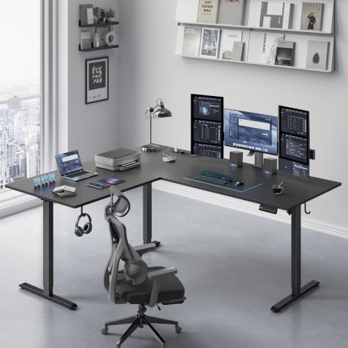 Image of 63x55 Inch L Shaped Electric Standing Desk, Corner Workstation, Black | 3 AC outlets, 2 USB ports, cable tray, cord clips, 3 memory presets, anti-collision and 176 lb capacity for home office.