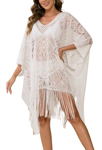 colornival Cubierta de Traje de Baño para Mujer para Playa y Piscina, Vestido de Encaje con Cuello en V, Cubierta de Bikini
