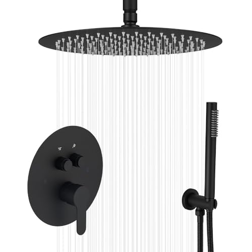 JingGang Matte Black Shower System with Push Button Diverter, Ceiling