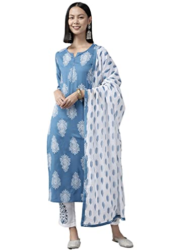 Image of YUFTA Women Sky Blue Floral Straight Kurta Trousers And Dupatta Set (1111SKDSB )