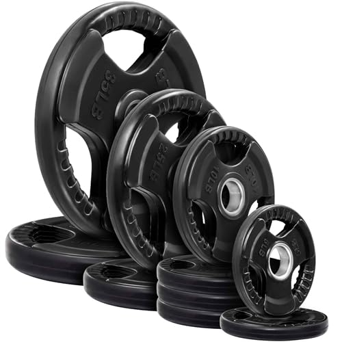 French Fitness Rubber Grip Olympic Weight Plate Set 170 lbs - Commercial-Grade Rubber-Coated Steel Plates with Easy Grip Handles for Strength Training & Home Gyms