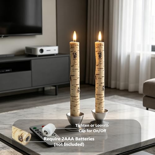Image of LED 9.84 inch Flameless Taper Candles with Birch Bark Effect Battery Operated Real Wax Flickering Candlesticks with Remote Control and Timer Rustic Primitive Lights Decor Vintage Candles, Pack of 2